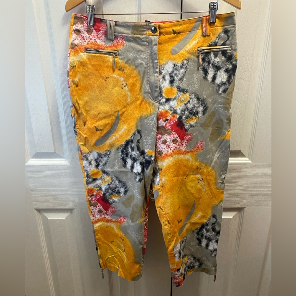 jamie sadock Gold/Gray Abstract Print Straight Leg High Rise Golf Capri Pants 14